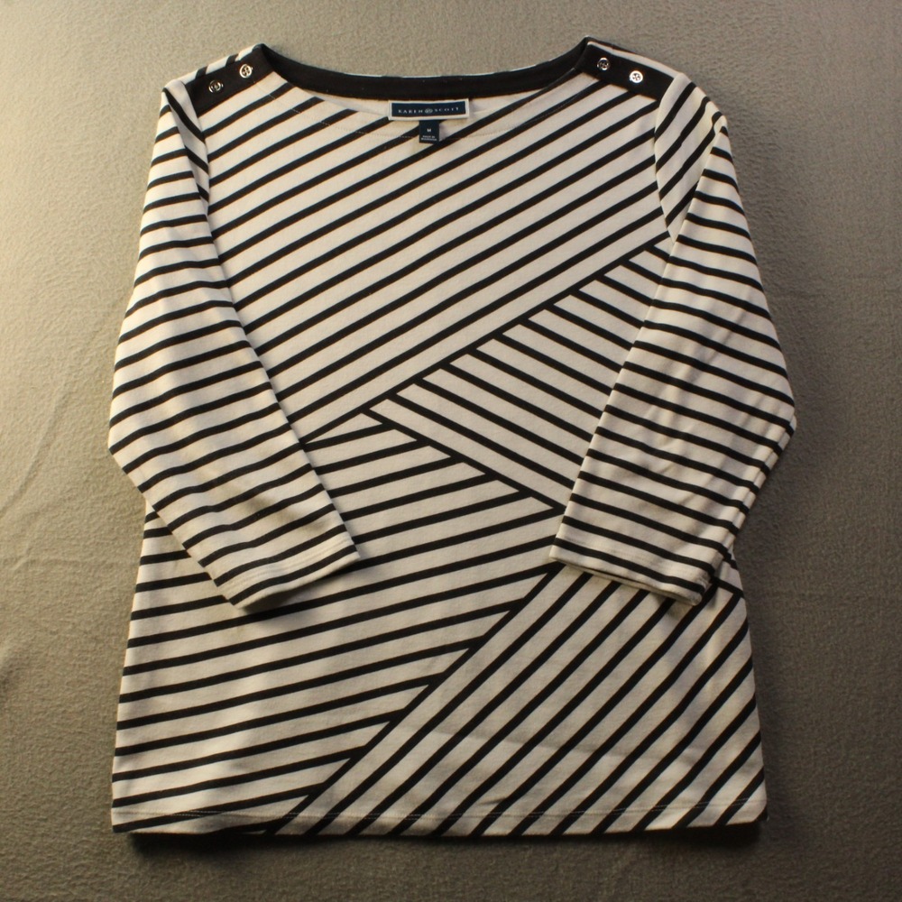 Karen Scott Womens M Black White Stripe Top Nautical Preppy Casual Chic Shirt